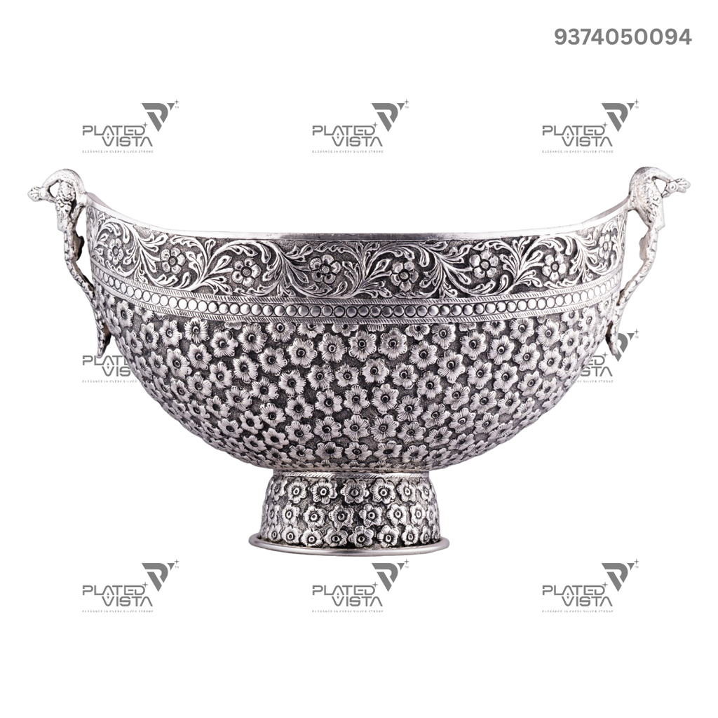 Handcrafted Silver-Plated Bowl Featuring Intricate Peacock and Floral Motifs