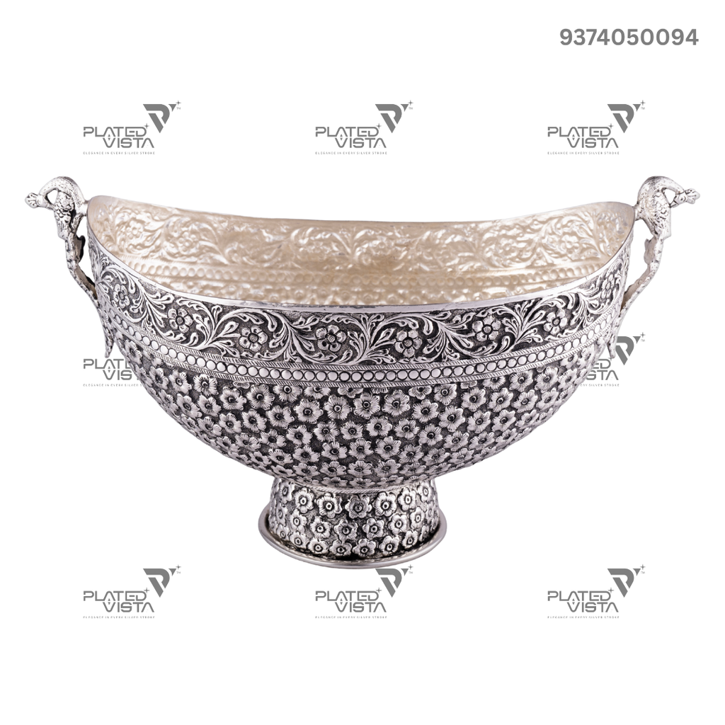 Handcrafted Silver-Plated Bowl Featuring Intricate Peacock and Floral Motifs