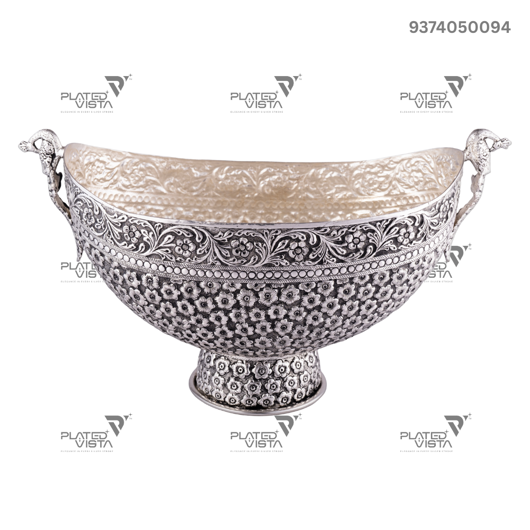 Handcrafted Silver-Plated Bowl Featuring Intricate Peacock and Floral Motifs