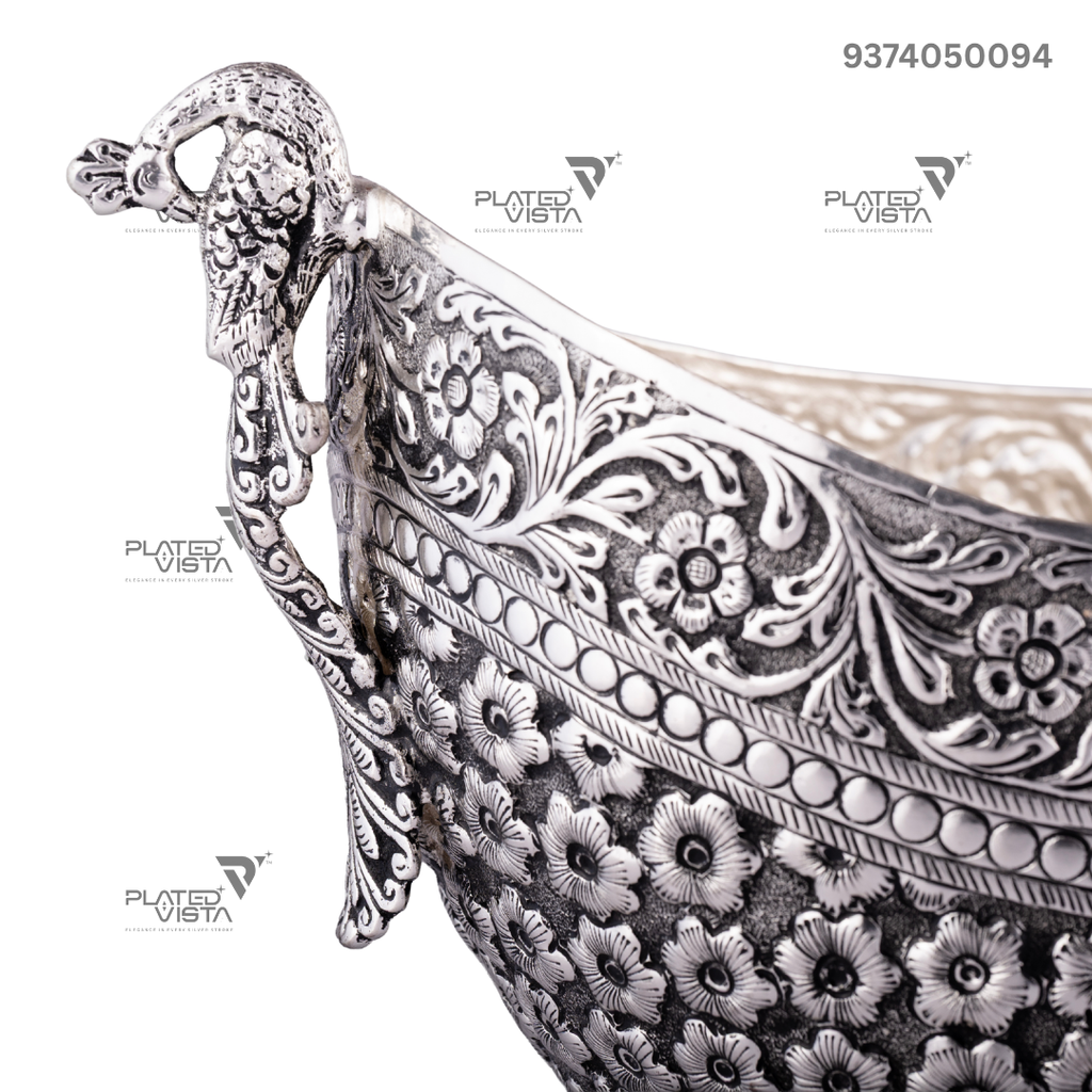 Handcrafted Silver-Plated Bowl Featuring Intricate Peacock and Floral Motifs