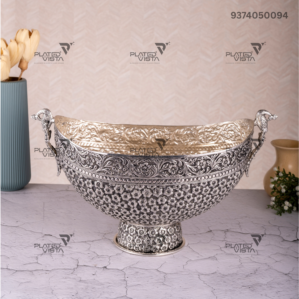Handcrafted Silver-Plated Bowl Featuring Intricate Peacock and Floral Motifs