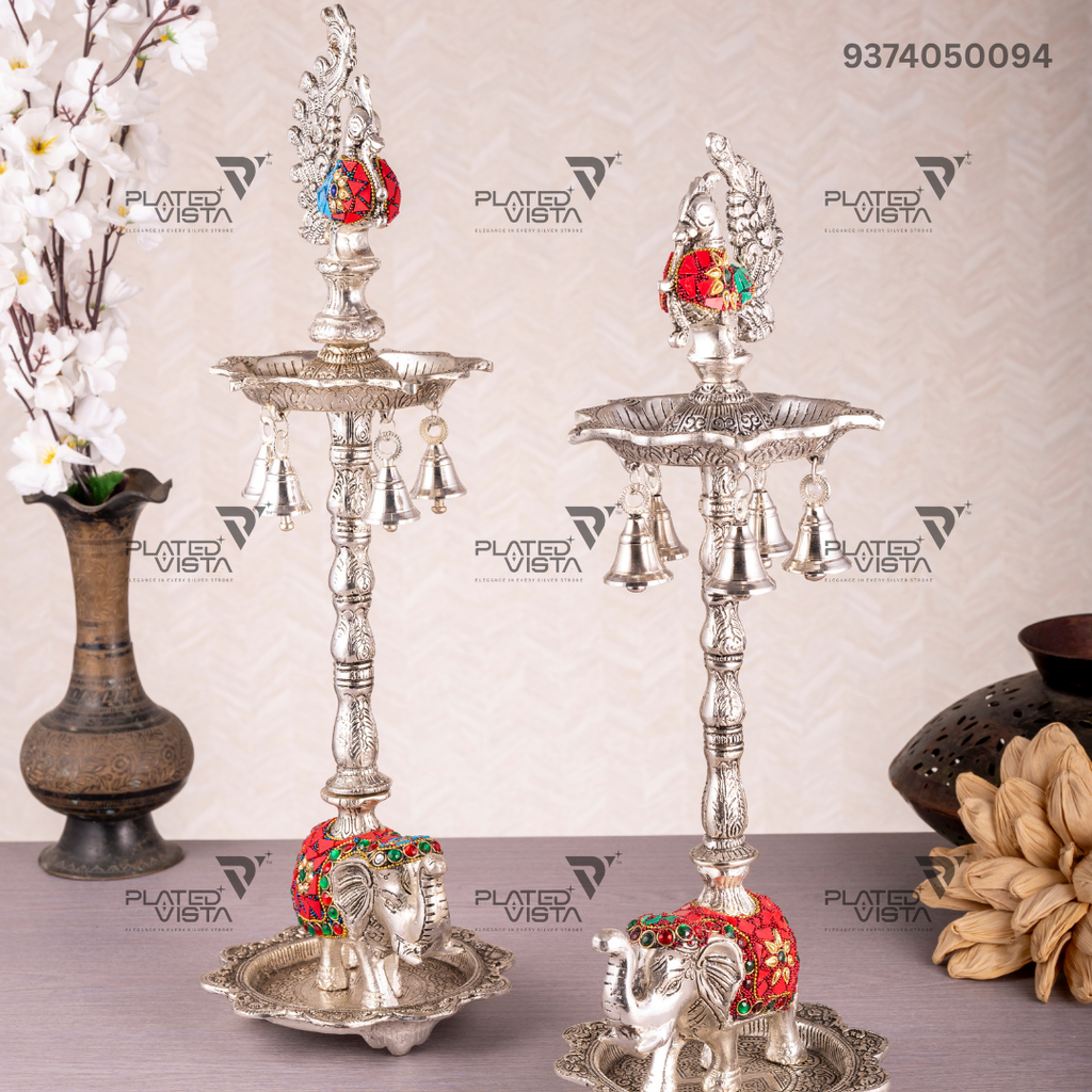German Silver Peacock Samai (Diya Stands)