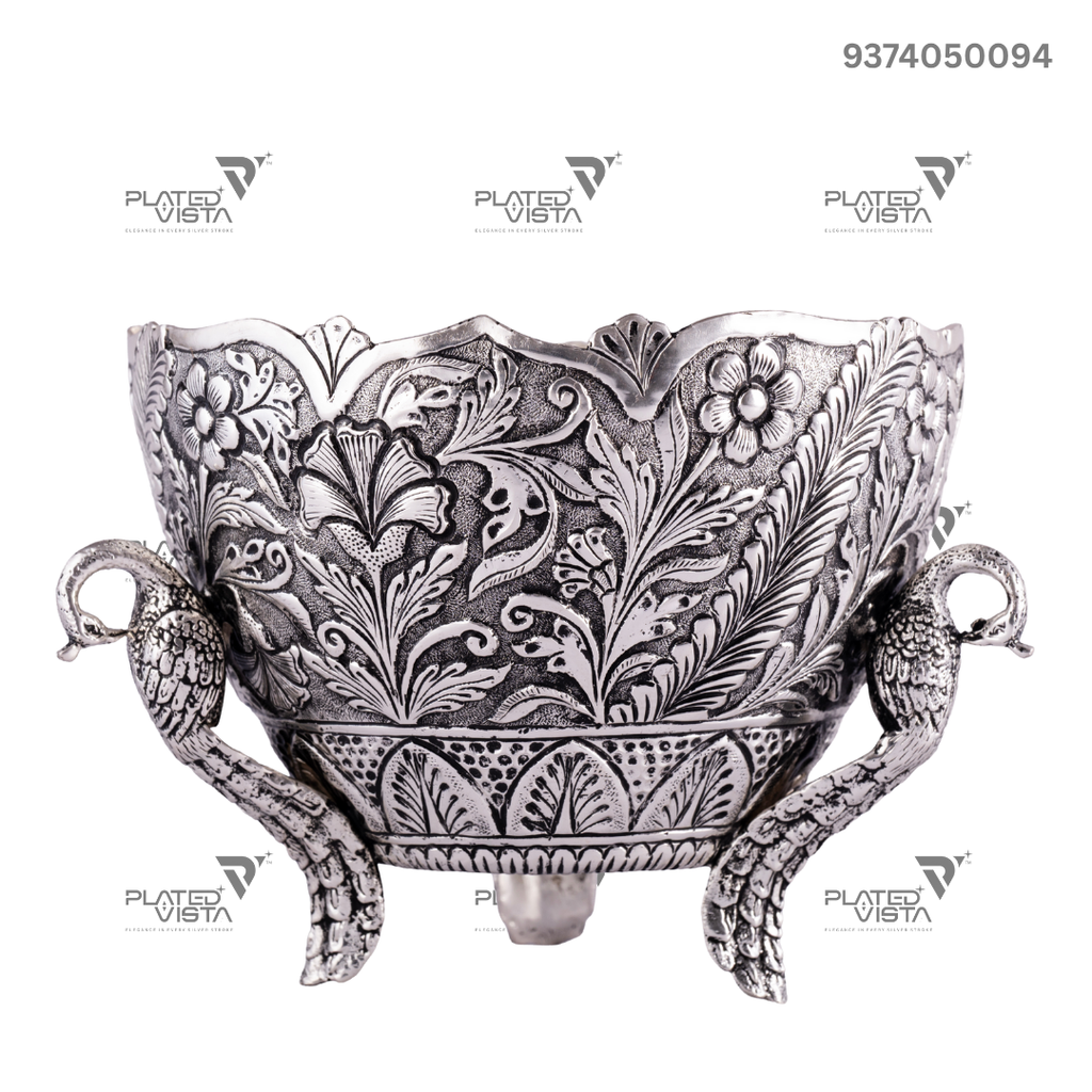 925 Oxidised Silver Flower Peacock Bowl / Silver Fruit Bowl / Pooja Bowl