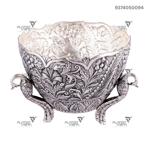 925 Oxidised Silver Flower Peacock Bowl / Silver Fruit Bowl / Pooja Bowl