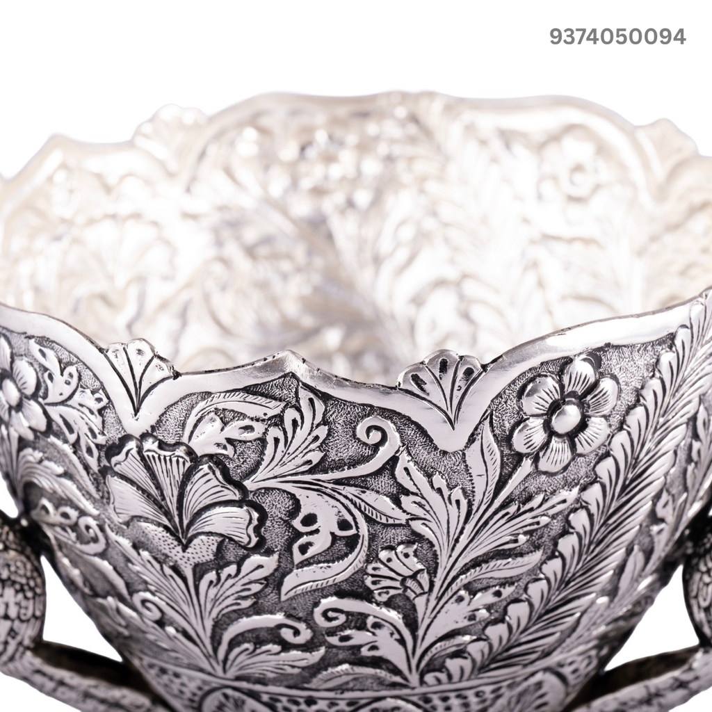 925 Oxidised Silver Flower Peacock Bowl / Silver Fruit Bowl / Pooja Bowl