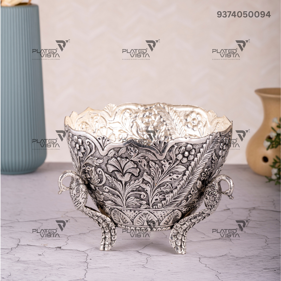 925 Oxidised Silver Flower Peacock Bowl / Silver Fruit Bowl / Pooja Bowl