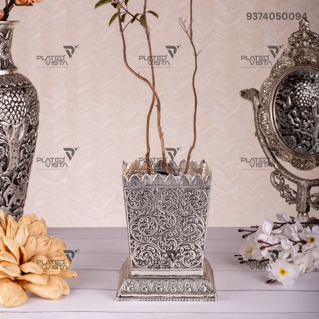 German Silver Tulsi Pot or Vrindavan