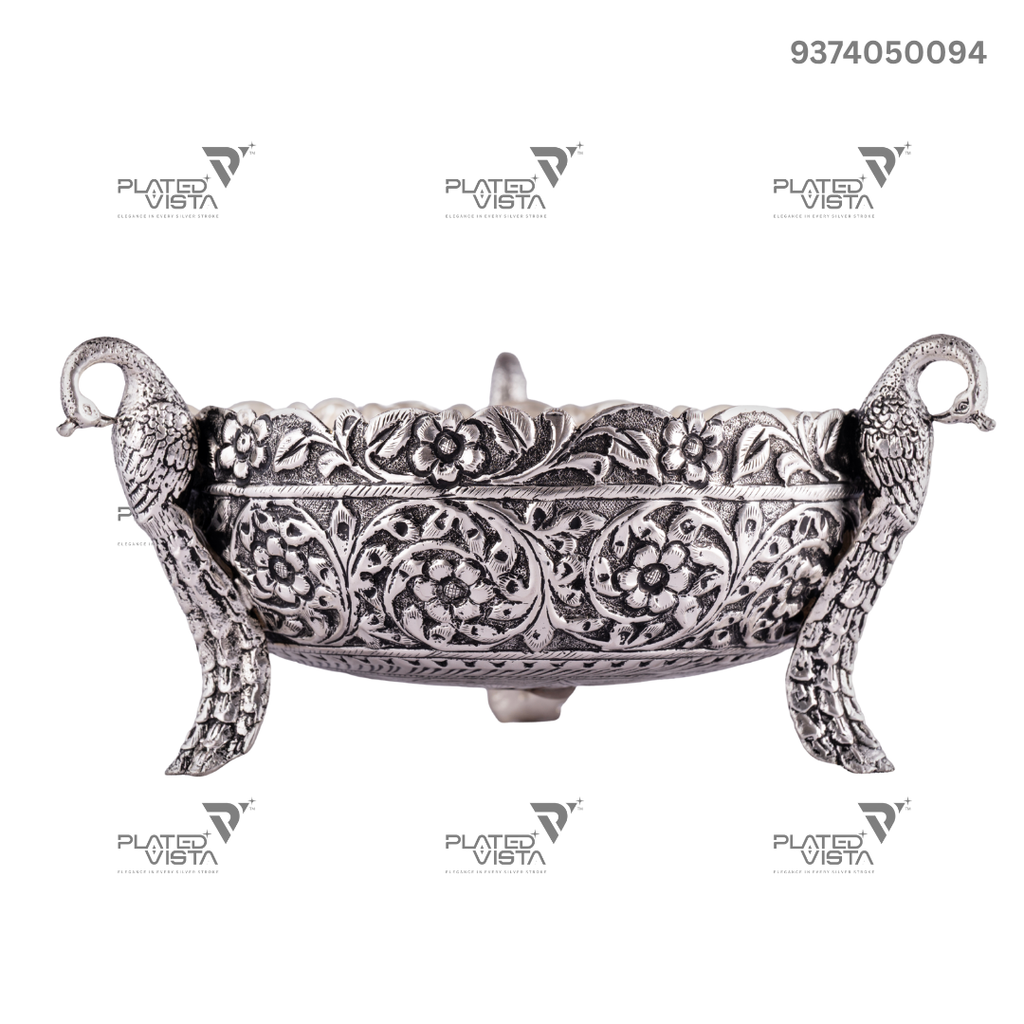 925 Oxidised Silver Flower Peacock Bowl/ Silver Fruit Bowl / Pooja Bowl