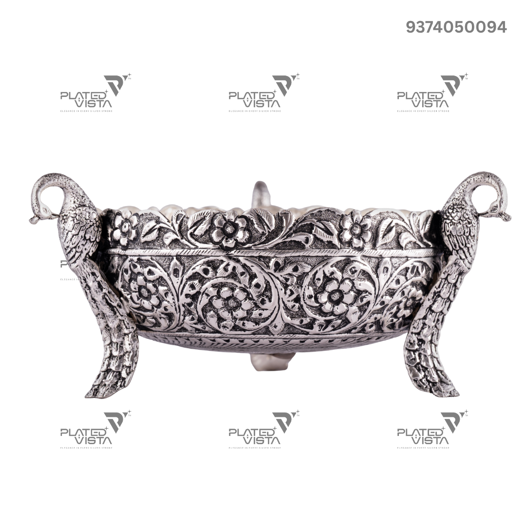 925 Oxidised Silver Flower Peacock Bowl/ Silver Fruit Bowl / Pooja Bowl