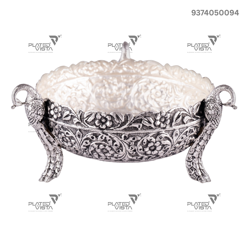 925 Oxidised Silver Flower Peacock Bowl/ Silver Fruit Bowl / Pooja Bowl