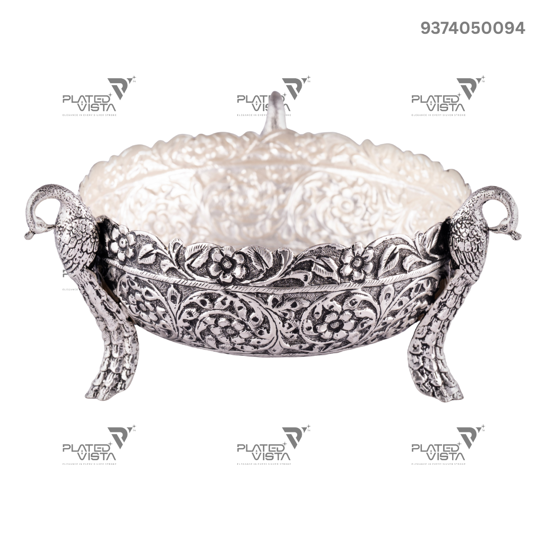925 Oxidised Silver Flower Peacock Bowl/ Silver Fruit Bowl / Pooja Bowl