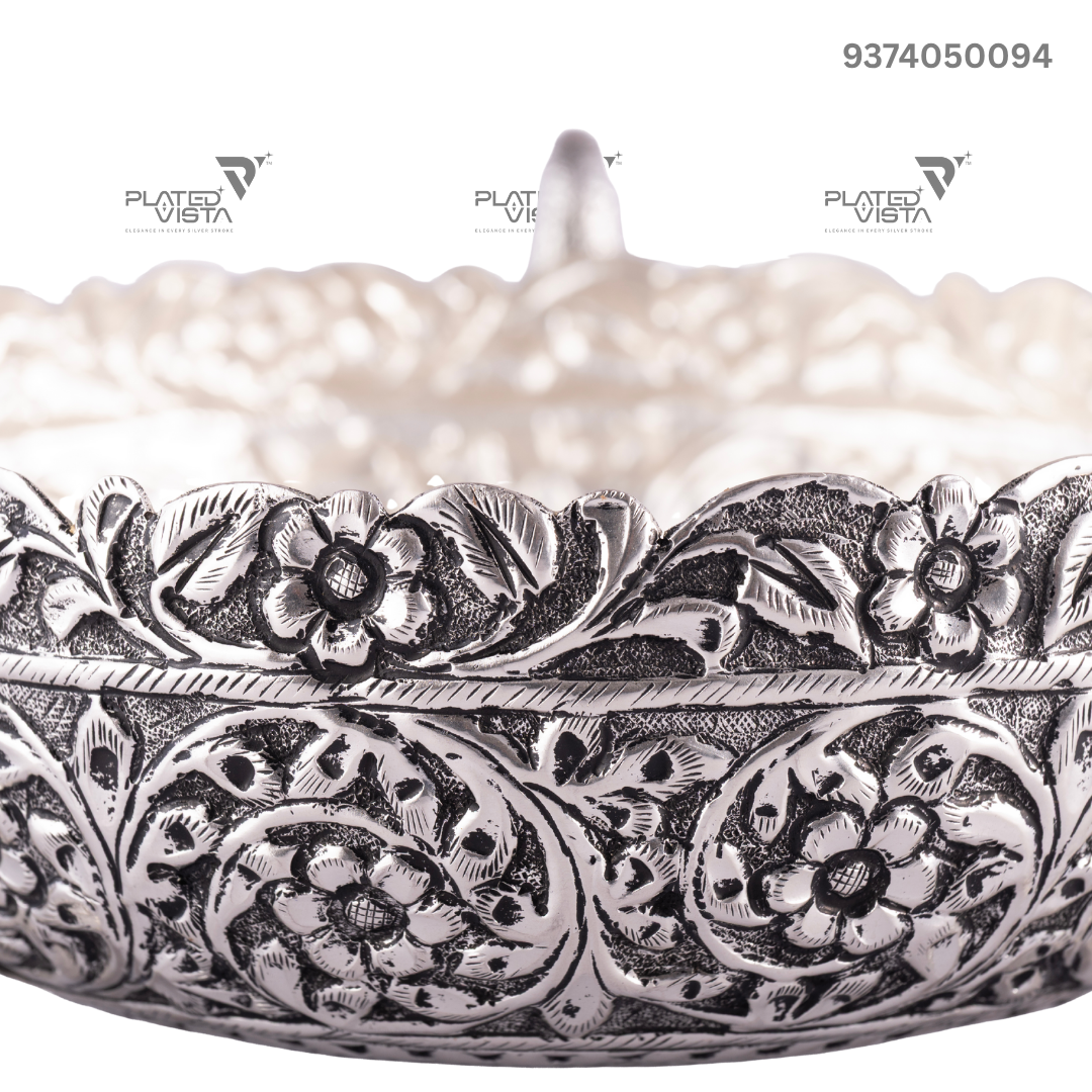 925 Oxidised Silver Flower Peacock Bowl/ Silver Fruit Bowl / Pooja Bowl