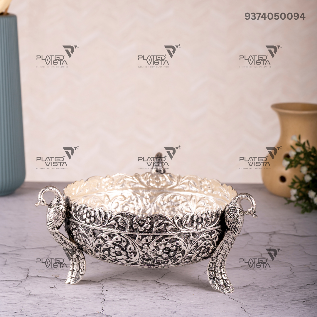 925 Oxidised Silver Flower Peacock Bowl/ Silver Fruit Bowl / Pooja Bowl